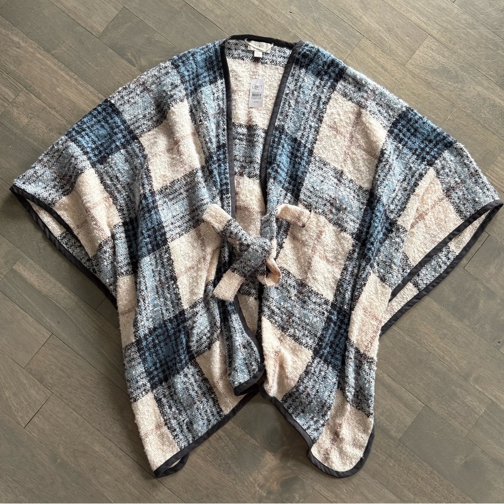 LOFT Blue and Black Plaid Open Poncho